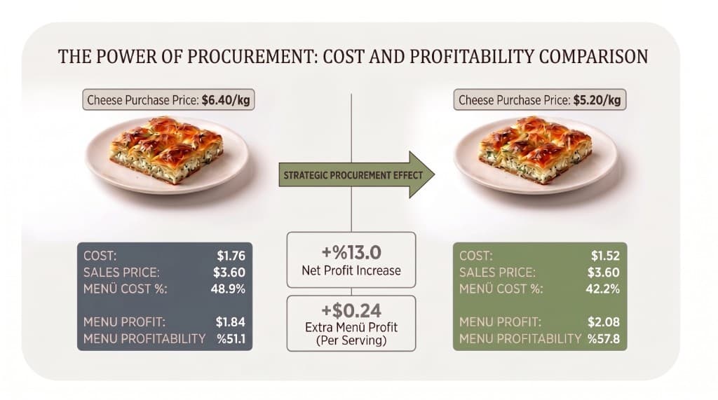 The power of procurement: cost and profitability comparison for a pastry portion at $6.40/kg vs $5.20/kg cheese