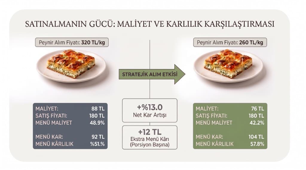 Satınalmanın gücü: peynir 320 TL/kg ile 260 TL/kg senaryolarında börek porsiyonunun maliyet ve kârlılık karşılaştırması