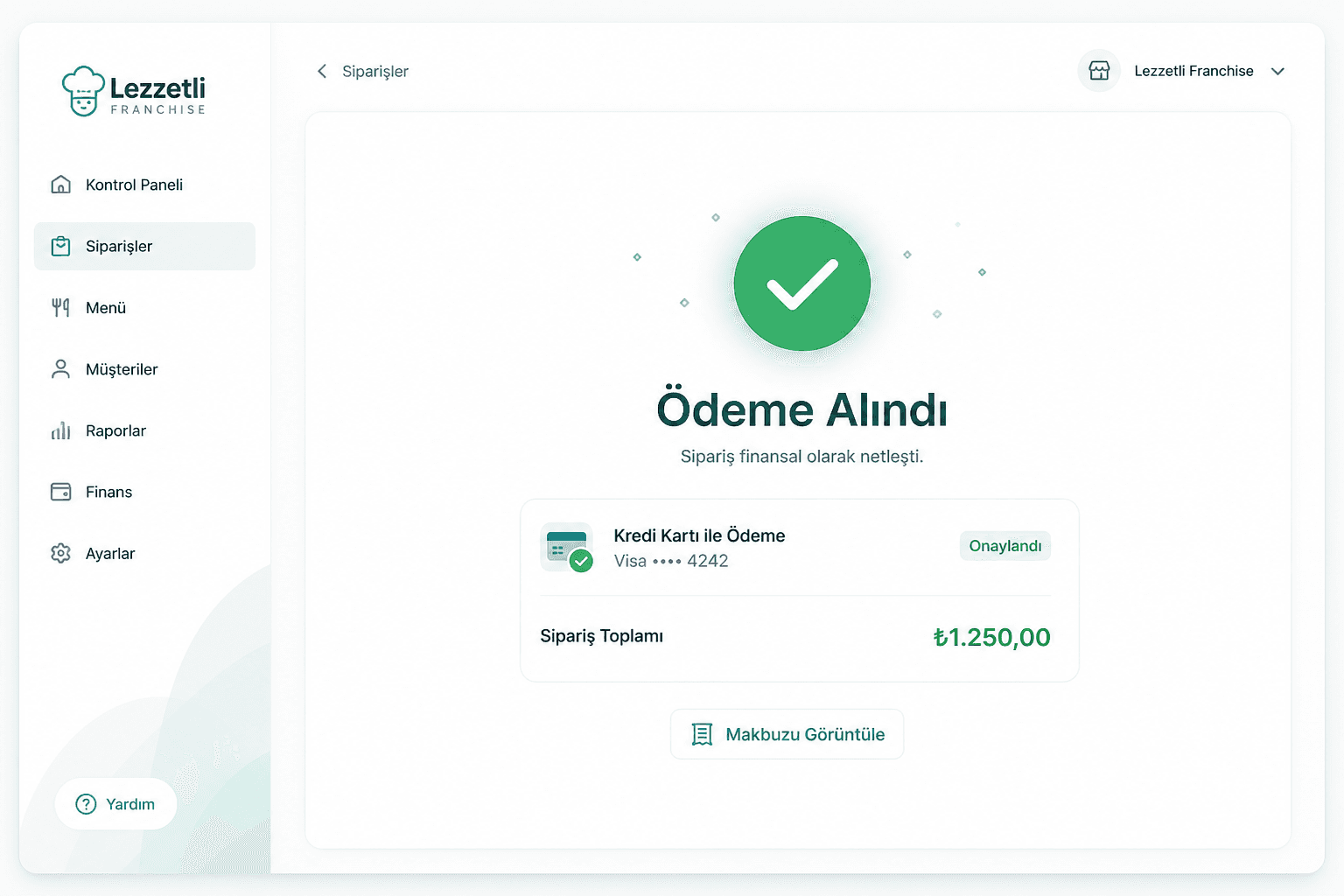 Sipariş anında ödeme onayı — Ödeme Alındı