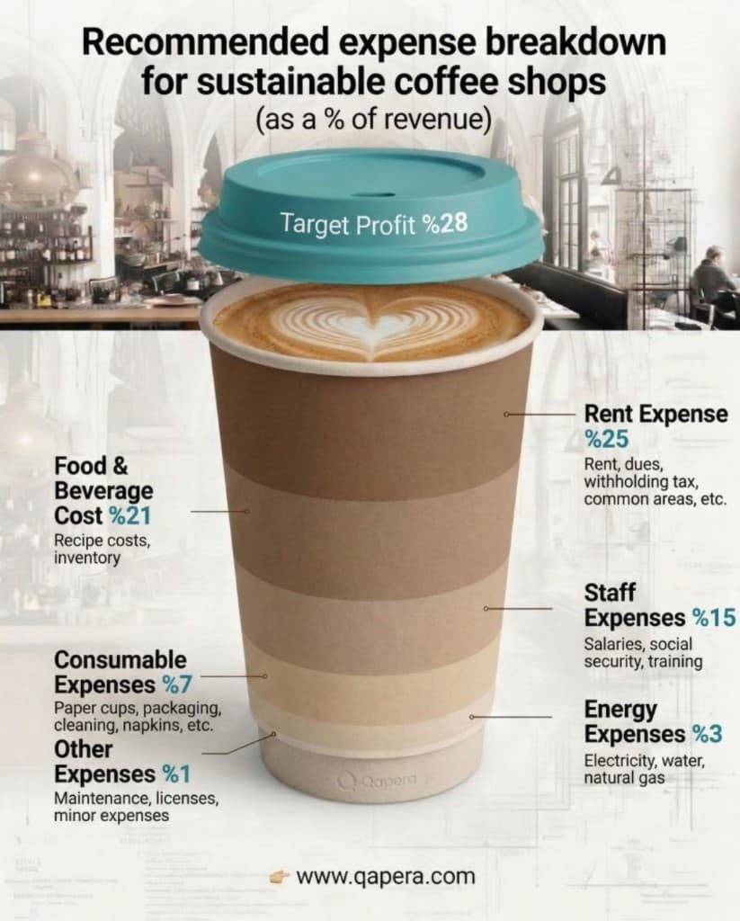 Recommended coffee shop expense mix versus revenue, with a 28% profit target on the cup lid
