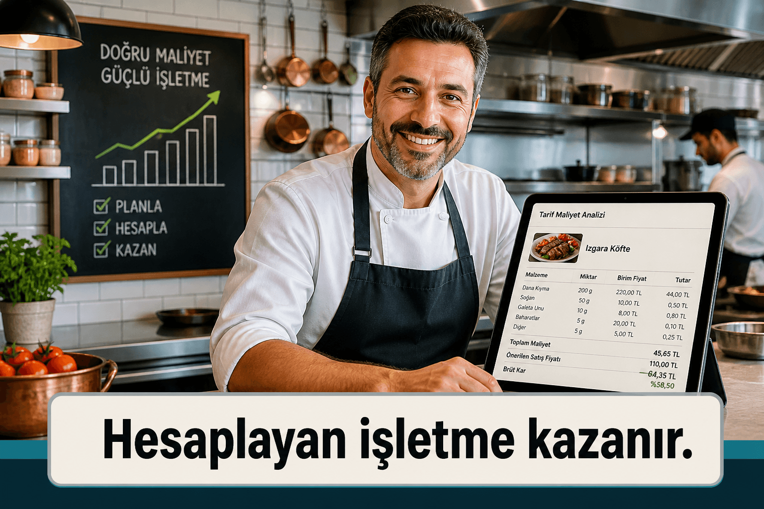 Hesaplayan restoran işletmesi — düzenli mutfak ve reçete ekranı