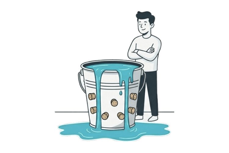 Leaky bucket metaphor for plugging cost leaks and protecting profit