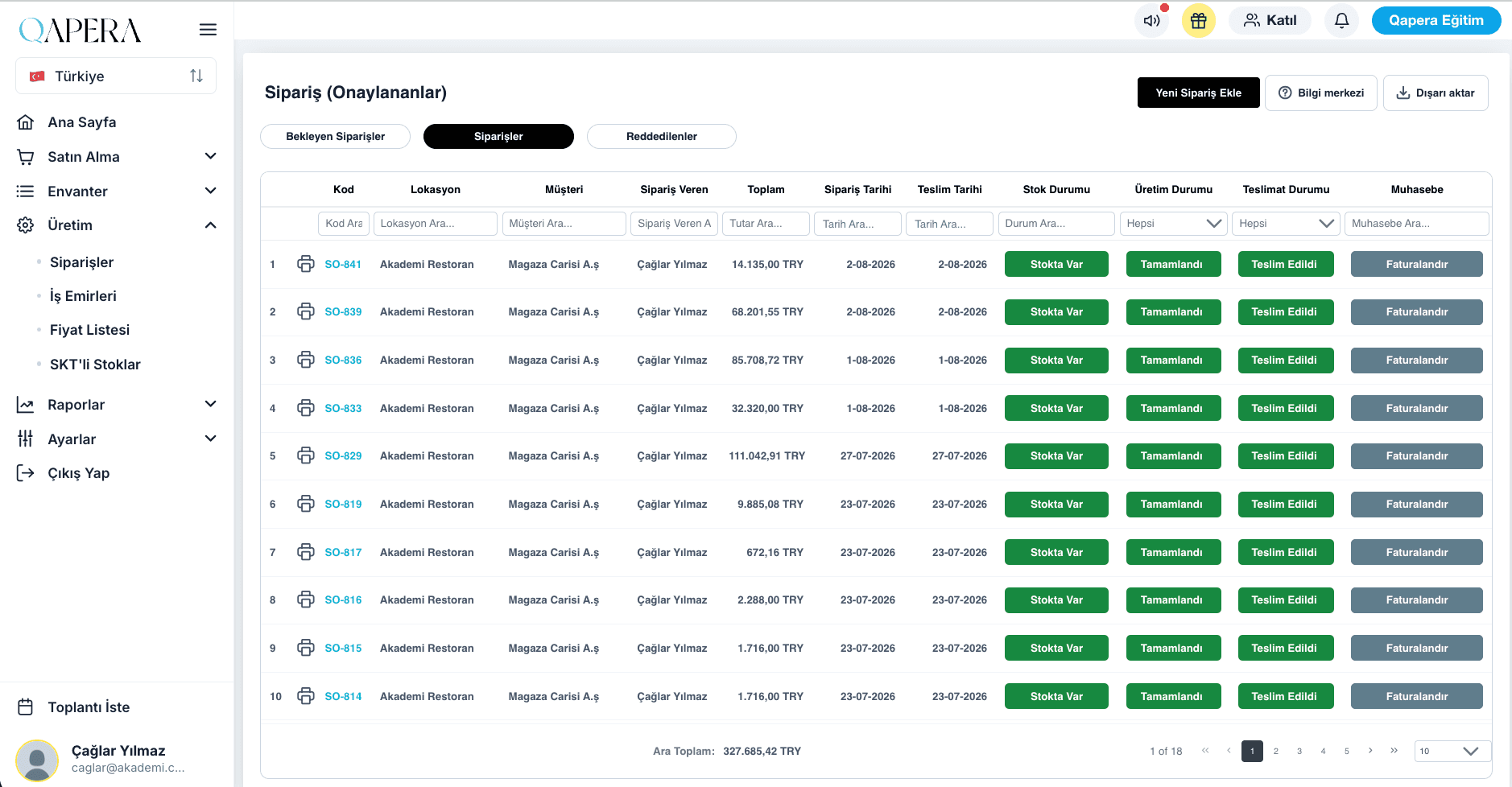 Qapera production module — approved orders and status tracking